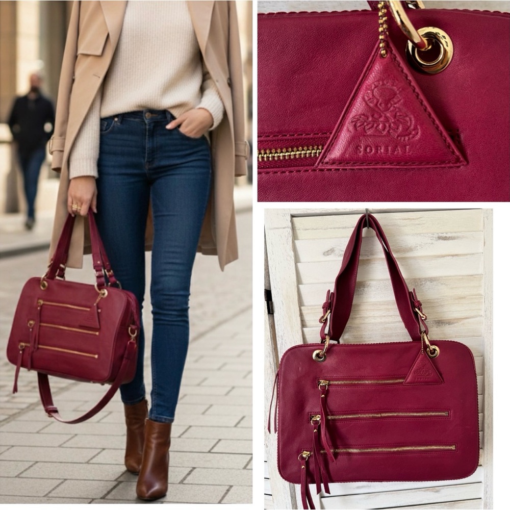 Sorial New York Red / Burgundy Leather Tote Zipper Accents Pocketbook Travel